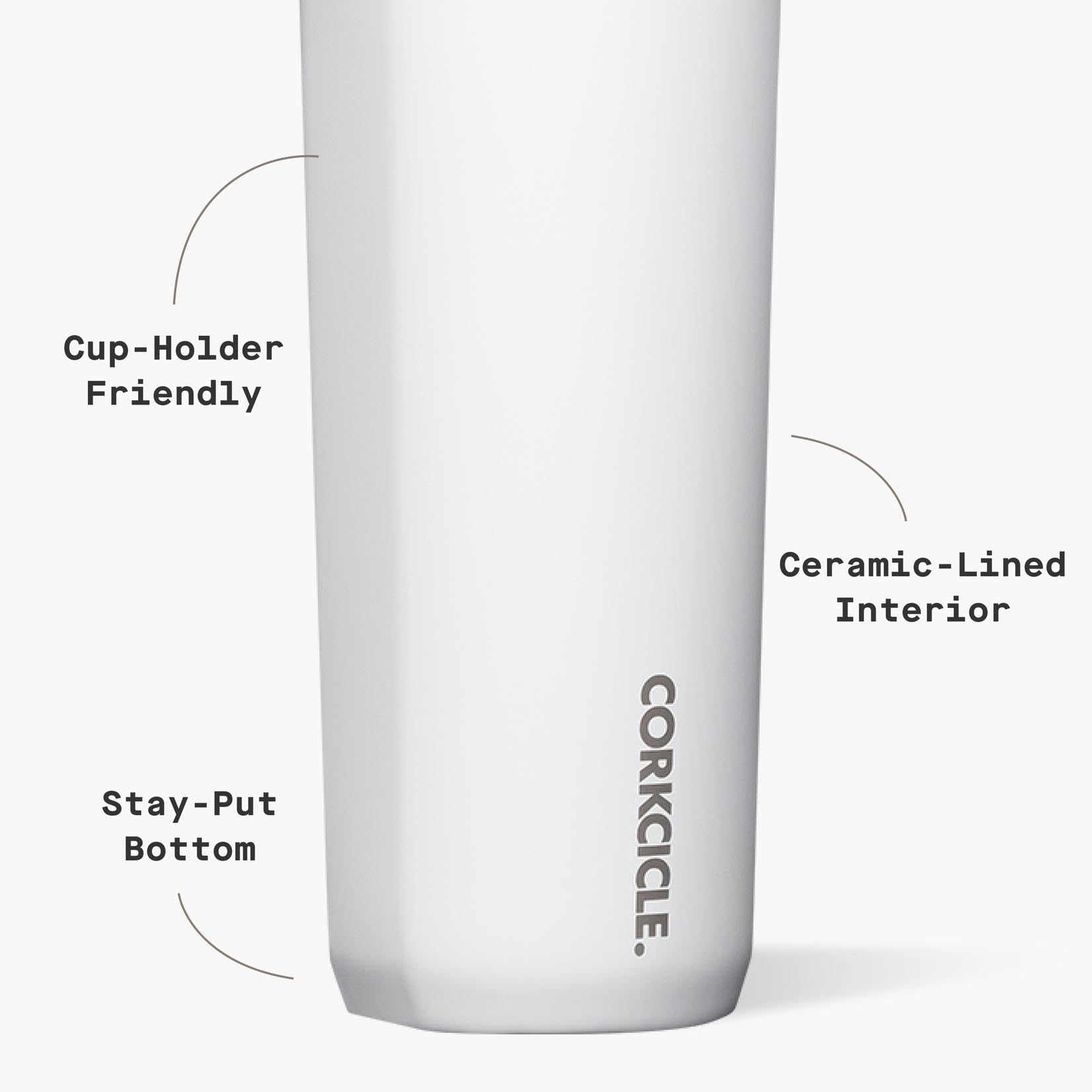 Corkcicle Commuter Cup 17-ounce capacity fits standard cup holders.