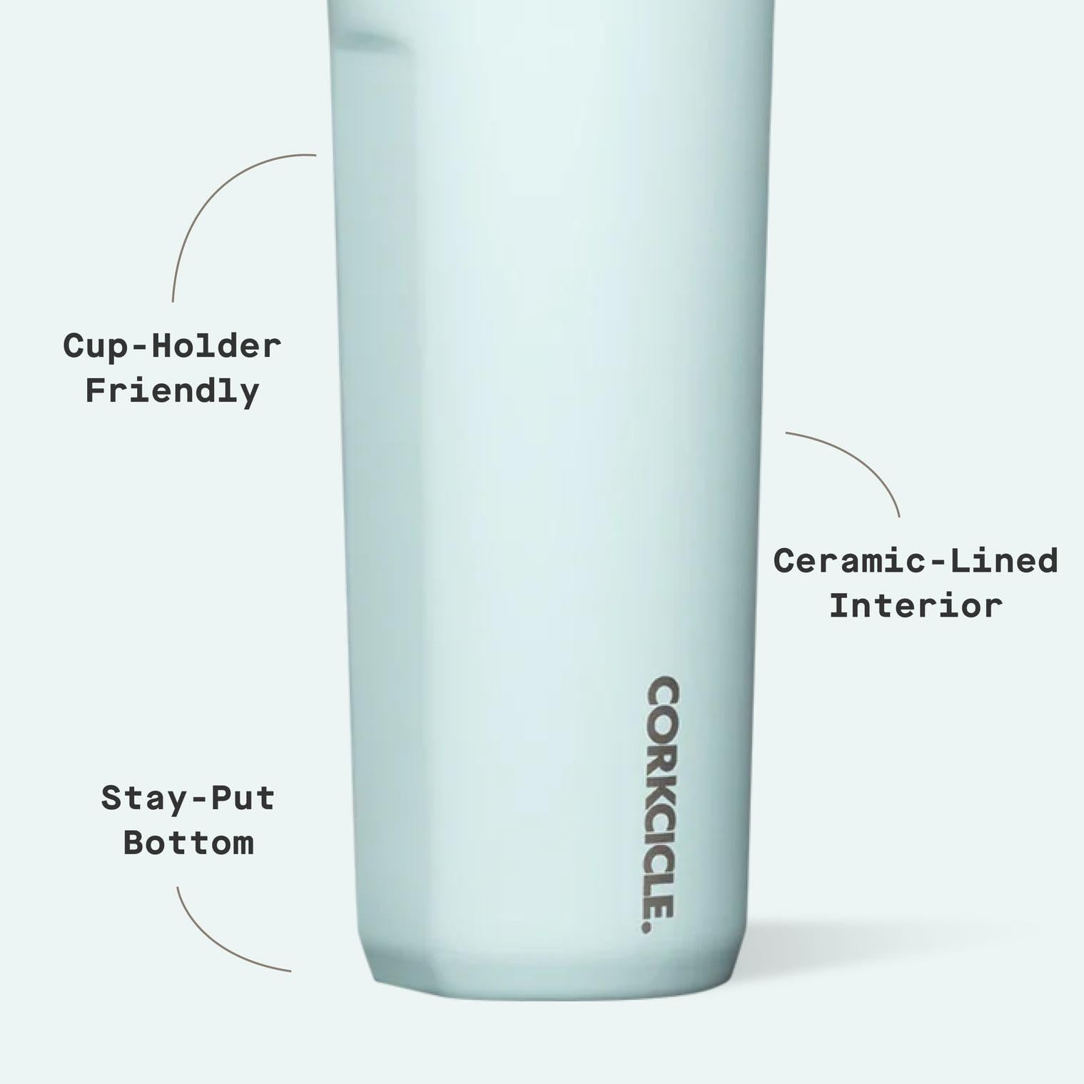 Corkcicle Commuter Cup 17 oz capacity shown with slim profile for bags
