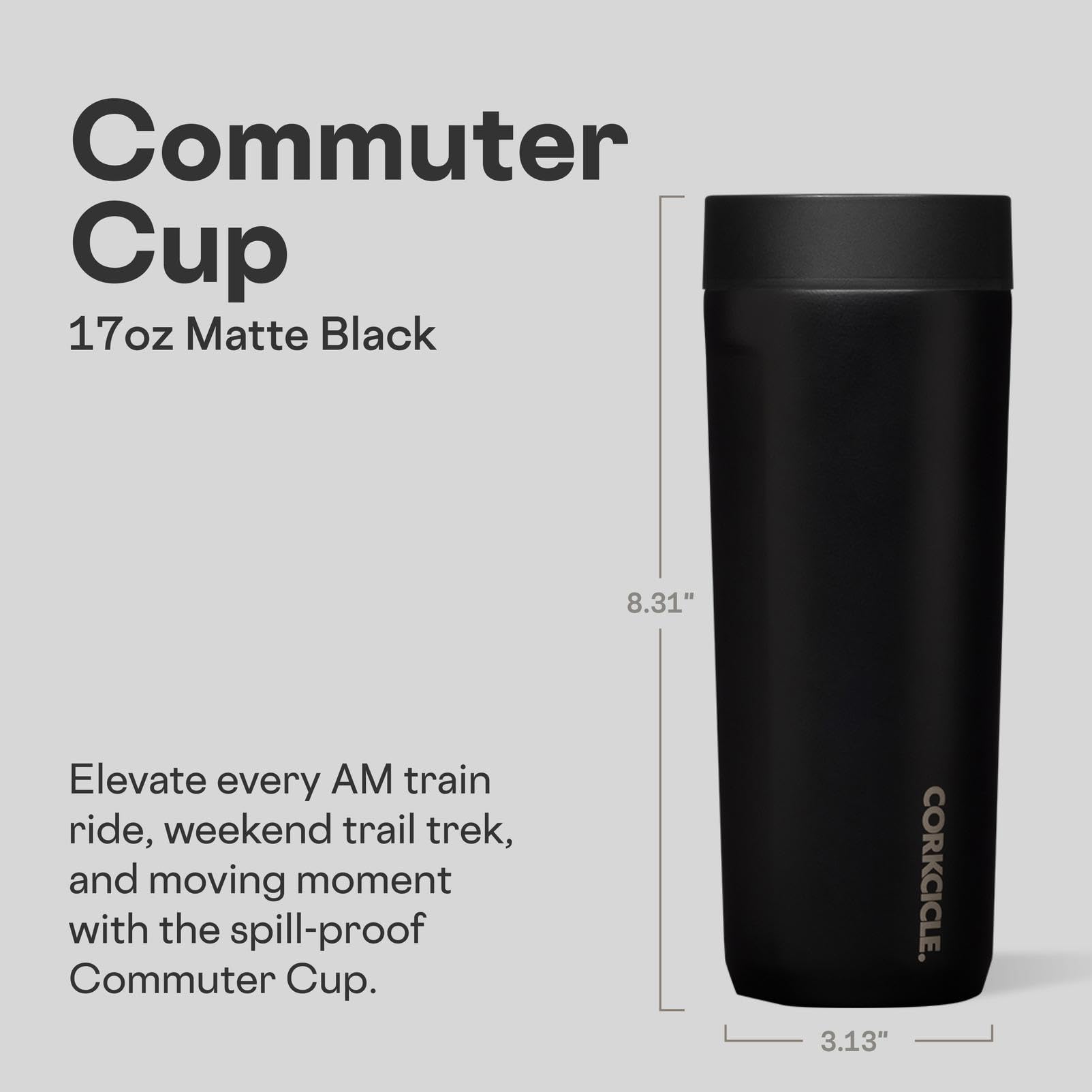 Corkcicle Commuter Cup 360-lid enables sip-from-any-angle use and reduces spills.
