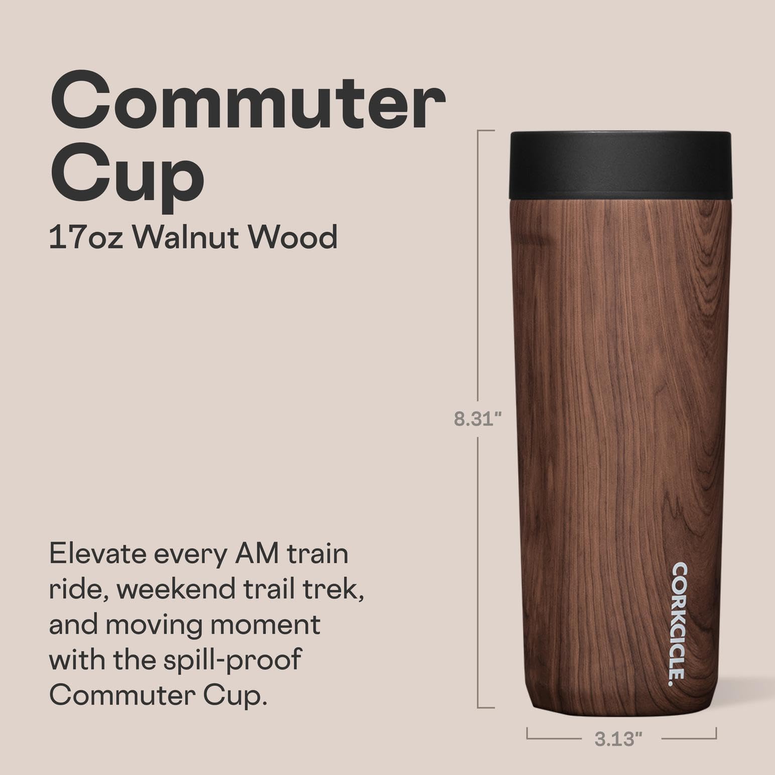 Corkcicle Commuter Cup 360° sip lid enables spill-free drinking from any angle