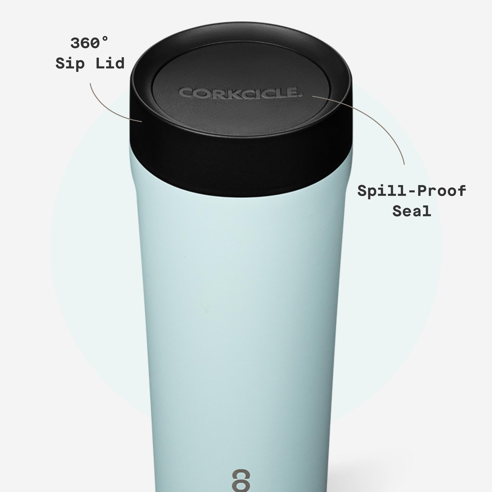 Close-up of powder blue finish on Corkcicle Commuter Cup design detail