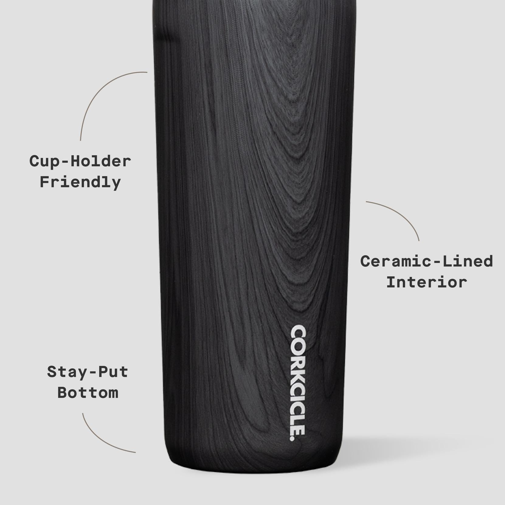 Corkcicle Commuter Cup glossy burnt wood finish adds modern style
