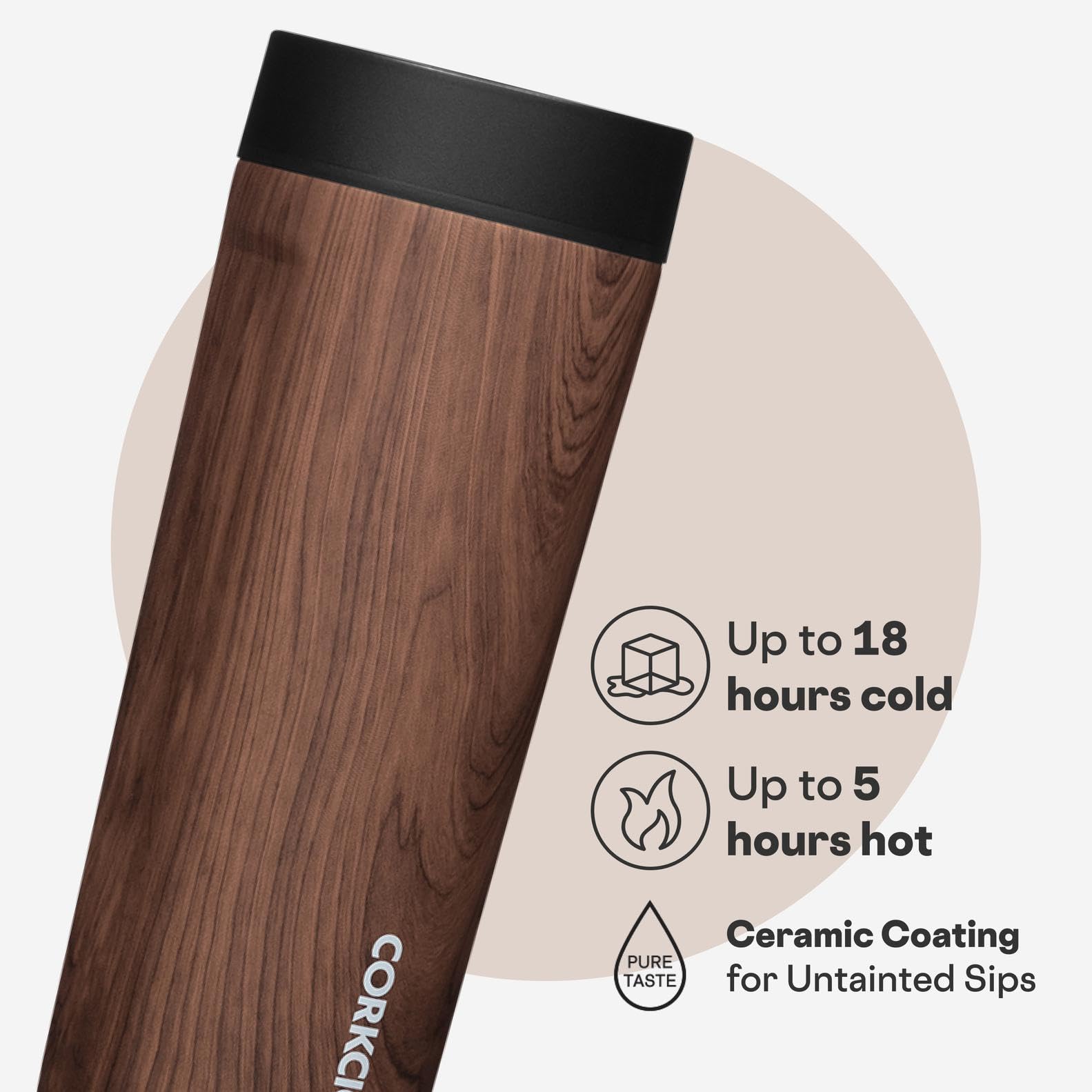 Corkcicle Commuter Cup insulation highlights 18h cold and 5h hot retention