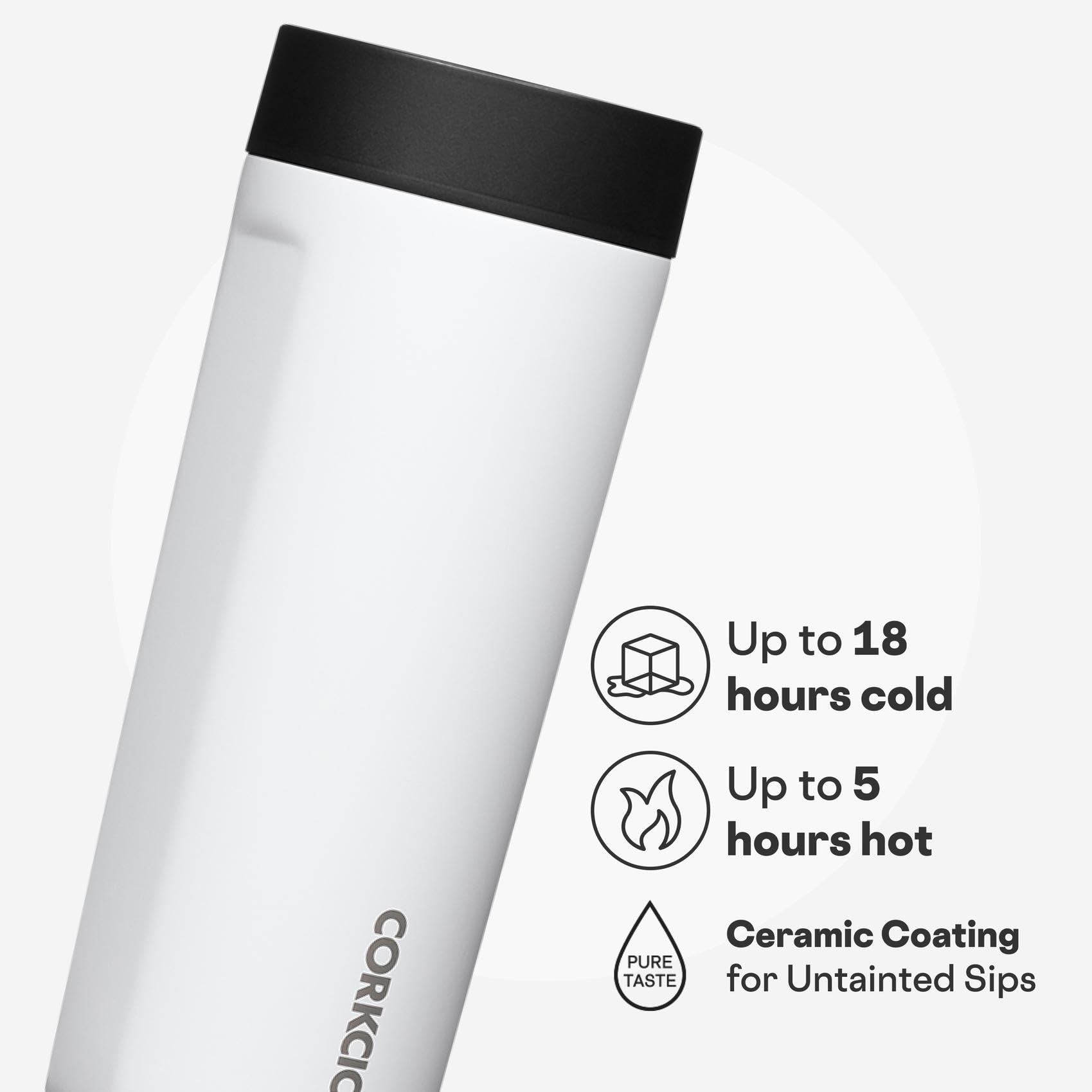 Corkcicle Commuter Cup stainless insulation wall preserves temperature for hours.