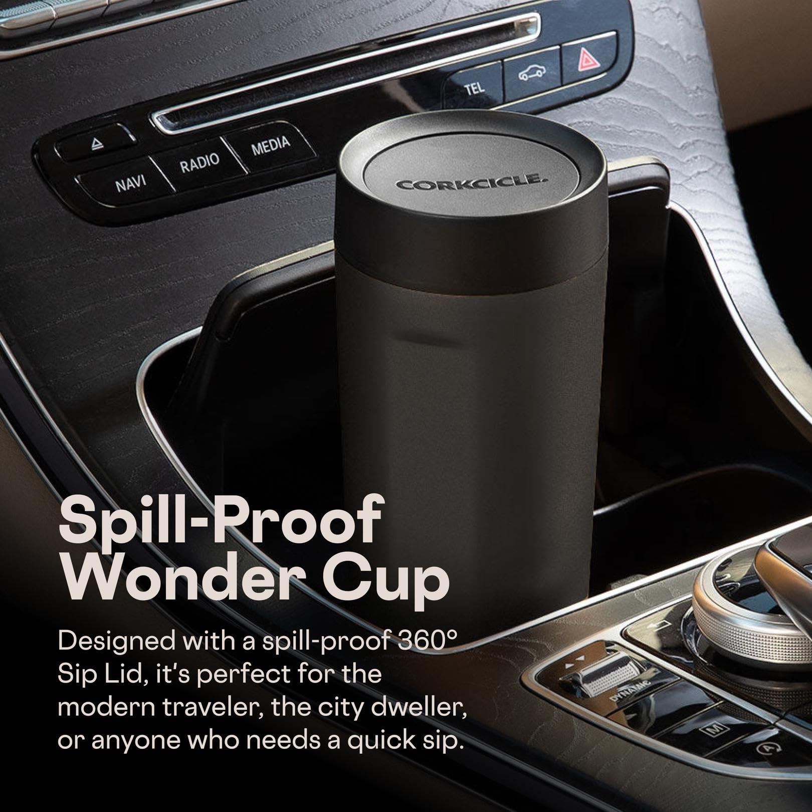 Corkcicle Commuter Cup in a bag during travel for on-the-go sipping.