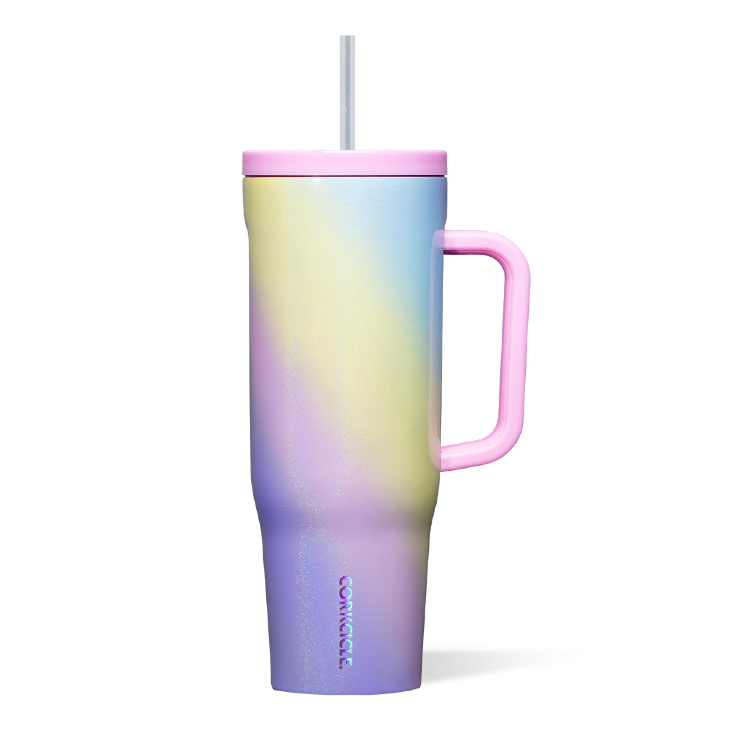 Corkcicle Cruiser 40oz front view in rainbow unicorn finish keeps drinks icy all day.
