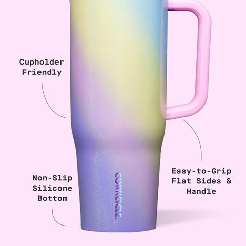 Corkcicle Cruiser 40oz spillproof lid close-up emphasizes mess-free sipping.