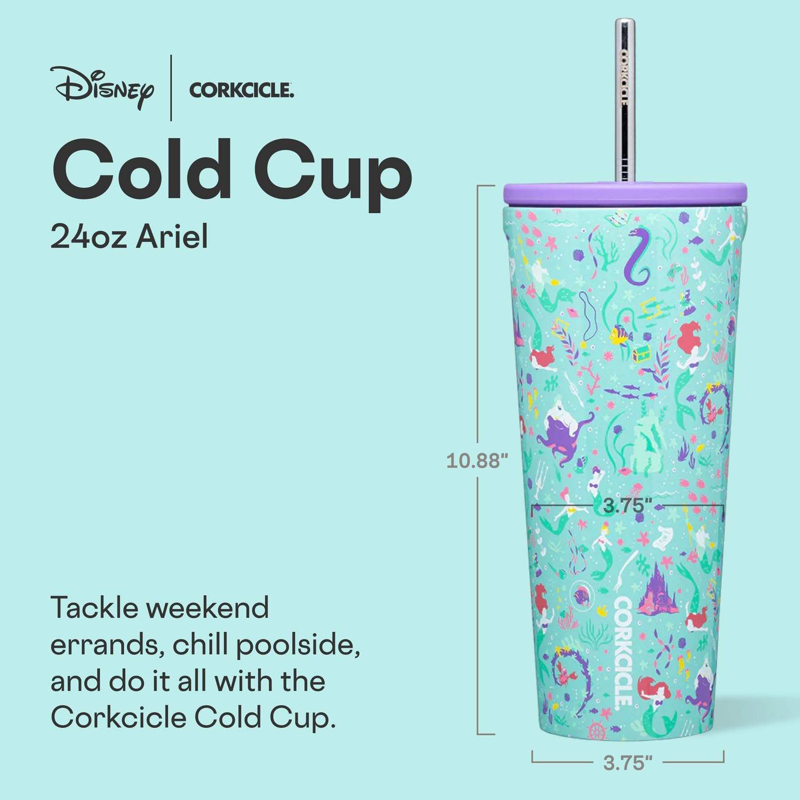 Corkcicle Disney Princess Ariel cold cup side view highlighting slim, grip friendly design for easy carry