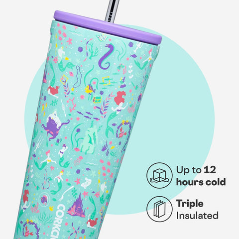 Corkcicle Disney Princess Ariel lid and straw showing secure seal for spill-free sipping