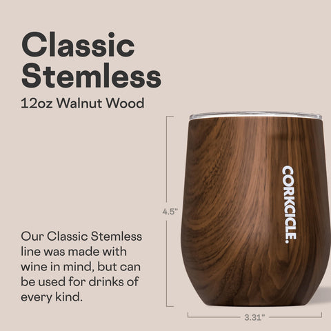 Corkcicle insulated 12 oz stemless tumbler, stainless steel body preserves beverages longer.