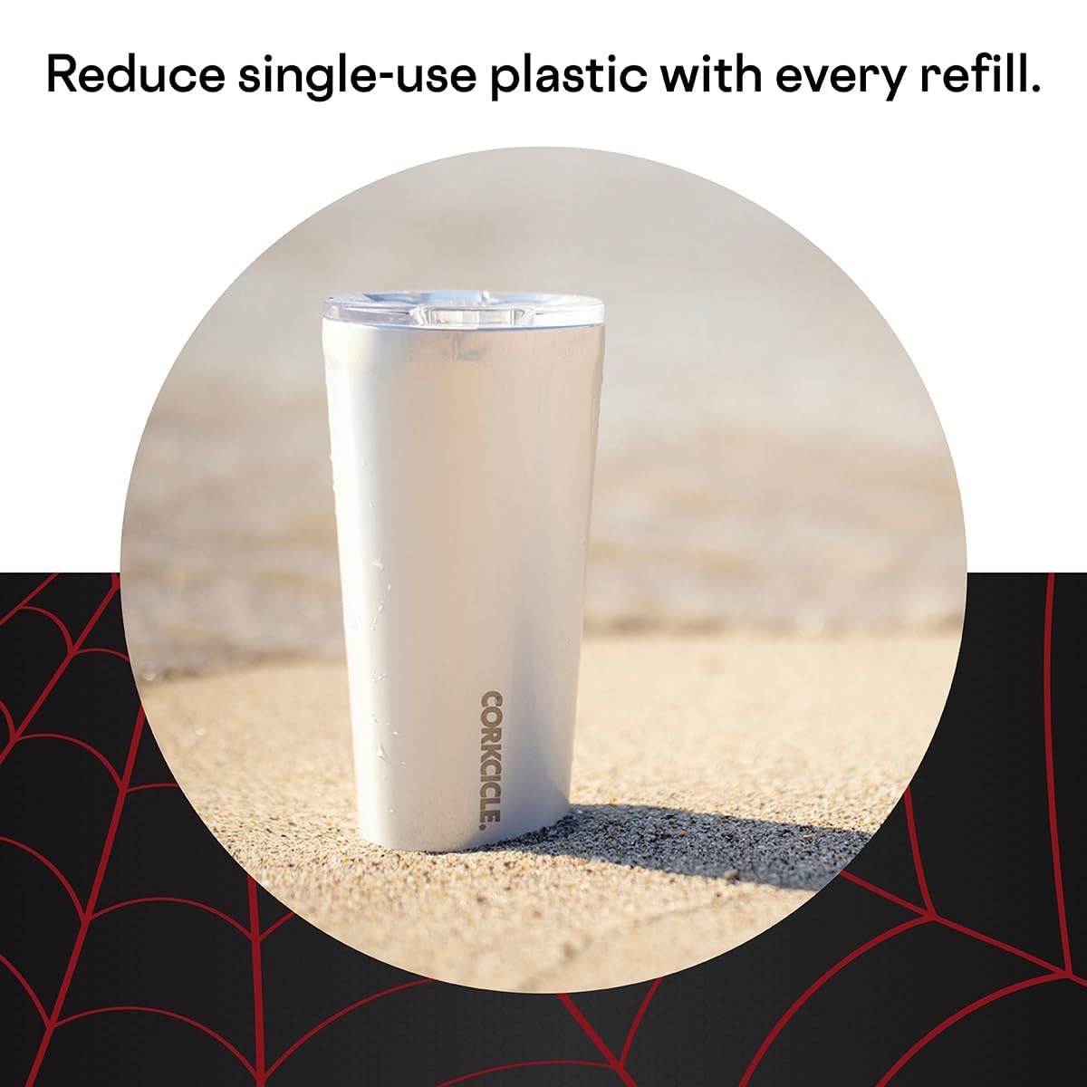 Corkcicle Marvel Tumbler Miles Morales cap assembly captures secure closure for travel.