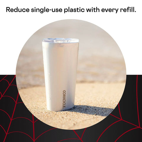 Corkcicle Marvel Tumbler Miles Morales cap assembly captures secure closure for travel.
