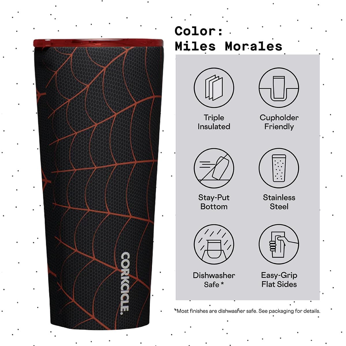 Corkcicle Marvel Tumbler Miles Morales logo detail highlights branded superhero style.