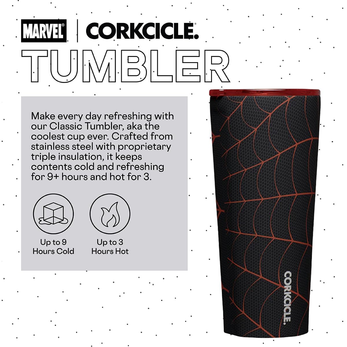 Corkcicle Marvel Tumbler Miles Morales side grip highlights a comfortable, non-slip hold.