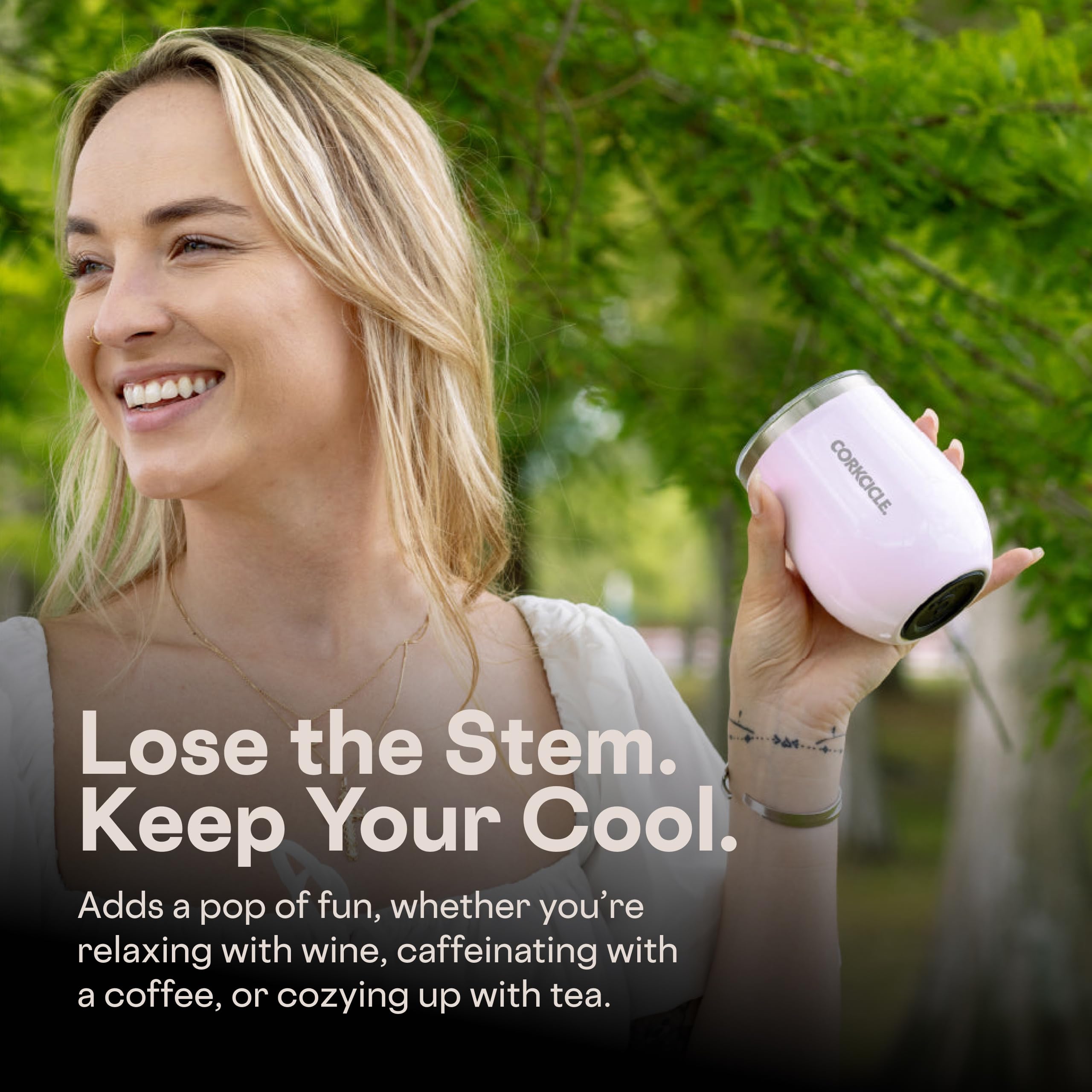 Corkcicle stemless keeps drinks cold or hot for hours during outdoor occasions.