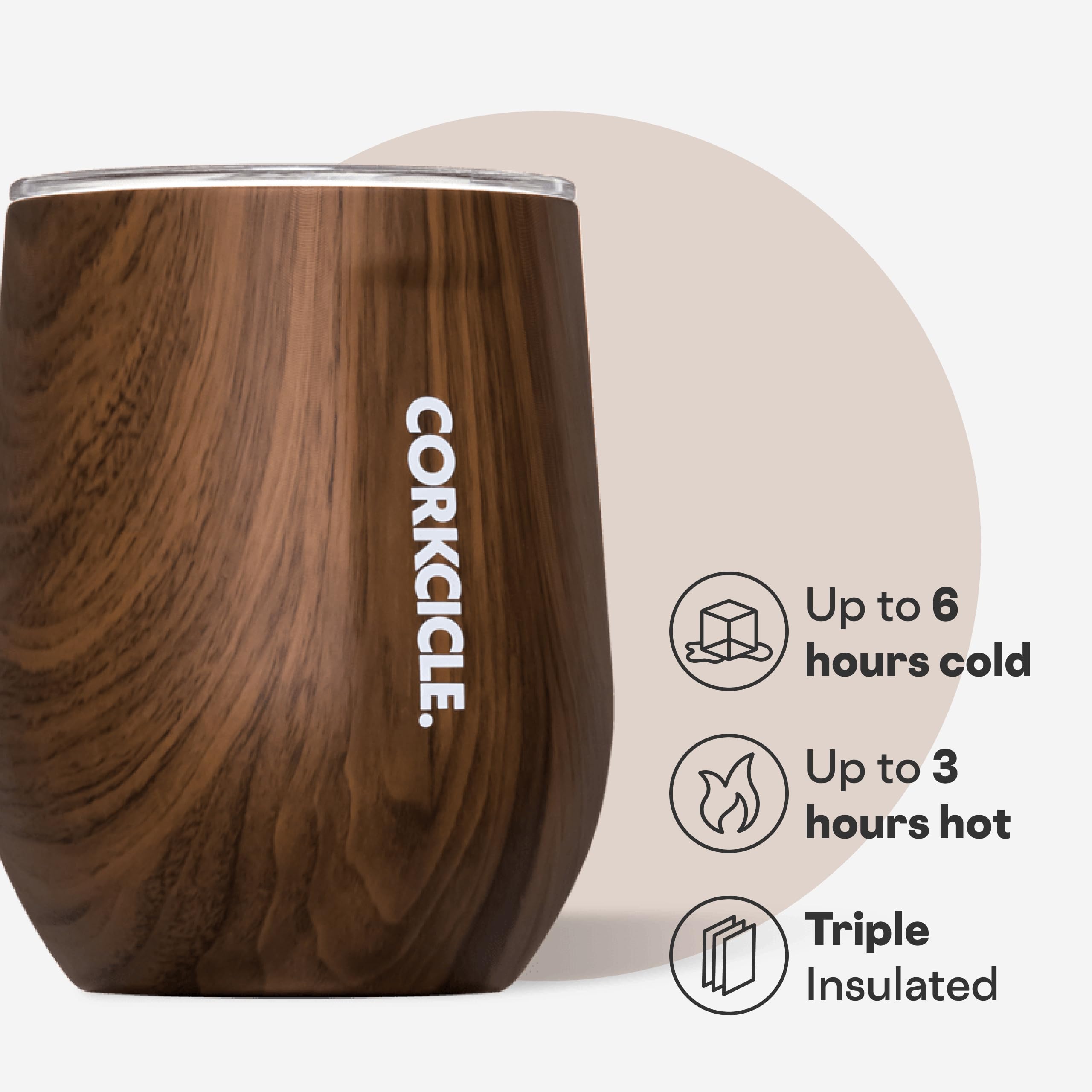 Corkcicle stemless tumbler flat sides provide secure grip during travel.