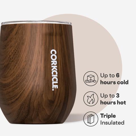 Corkcicle stemless tumbler flat sides provide secure grip during travel.