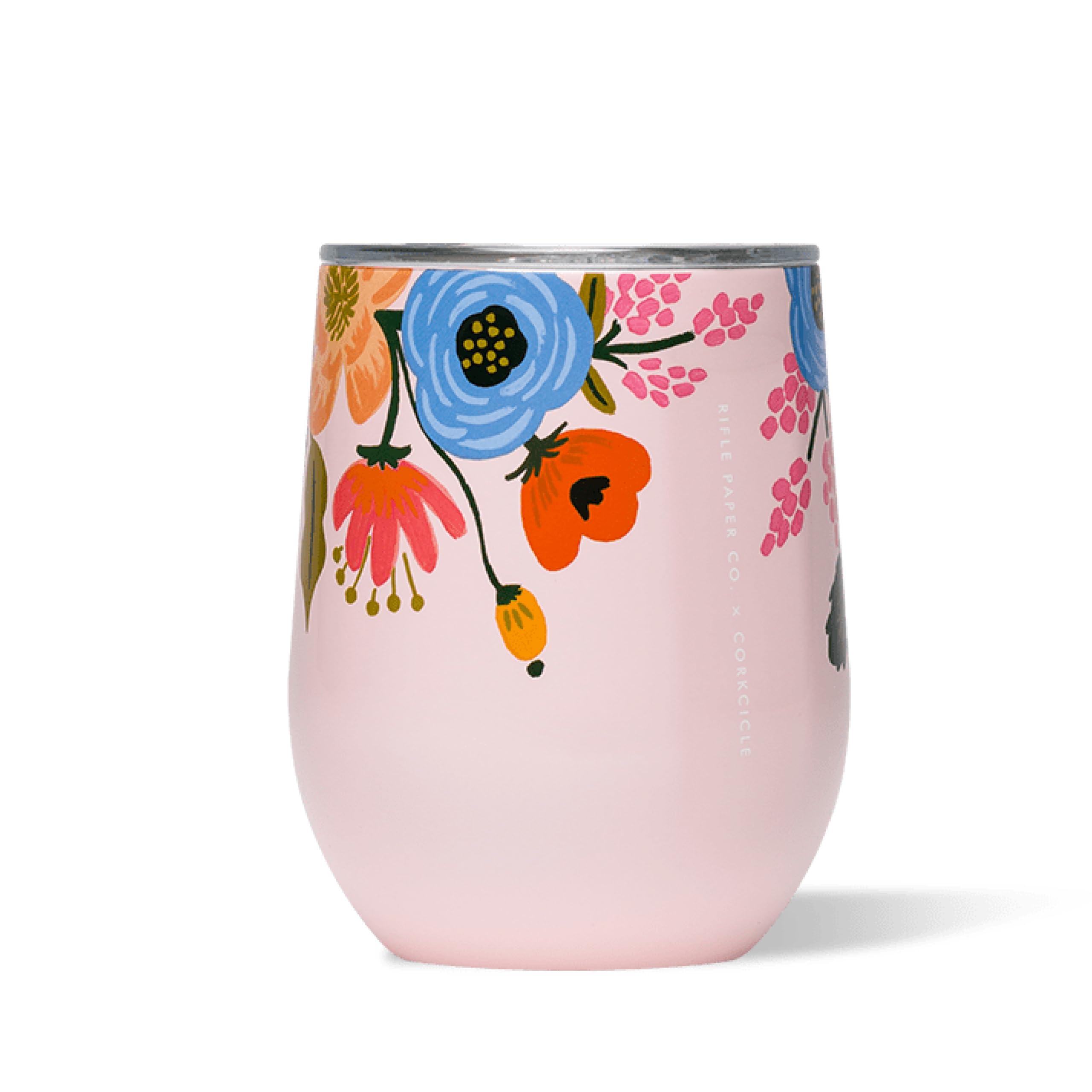 Corkcicle Stemless 12oz Blush Lively Floral tumbler keeps drinks cold and stylish.
