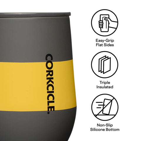 Corkcicle stemless tumbler with easy grip for secure travel.