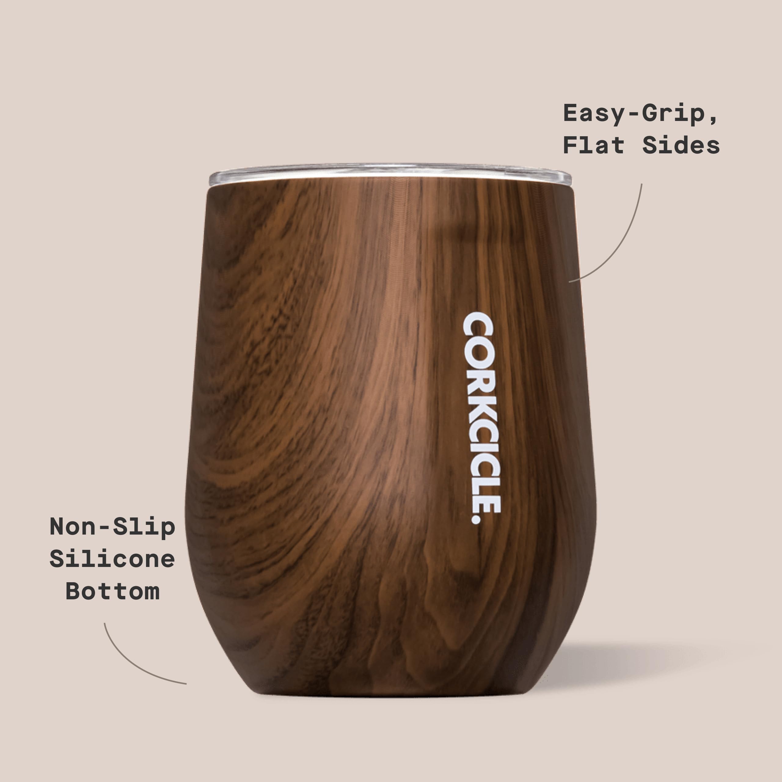Corkcicle with walnut wood accent adds stylish detail to any setup.