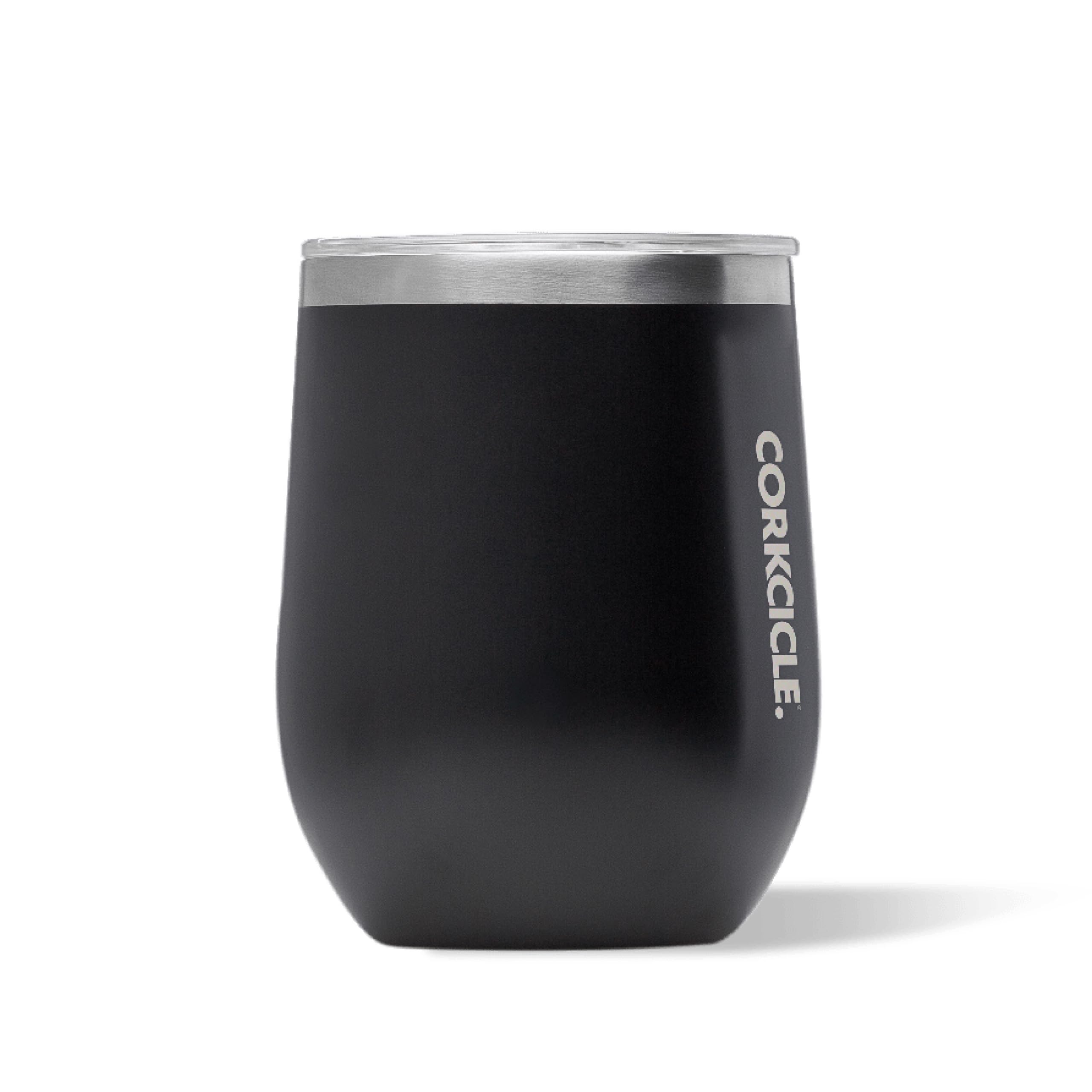 Corkcicle Stemless 12 oz tumbler front view with matte black finish keeps beverages cool