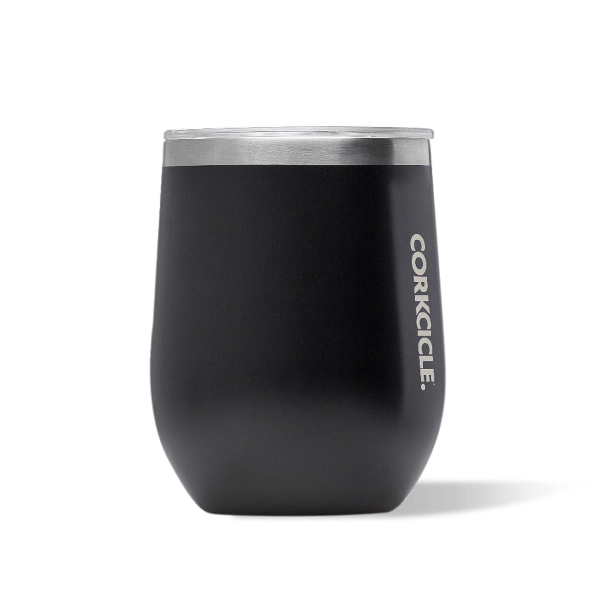 Corkcicle Stemless 12 oz tumbler front view with matte black finish keeps beverages cool