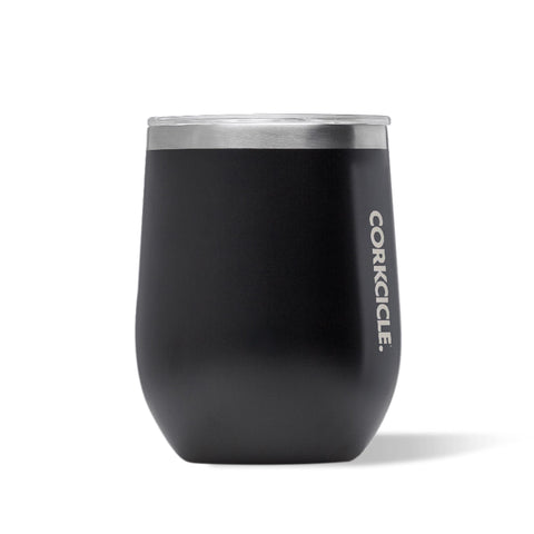 Corkcicle Stemless 12 oz tumbler front view with matte black finish keeps beverages cool