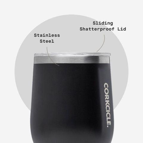Corkcicle Stemless 12 oz in-cup-holder scenario emphasizes portability