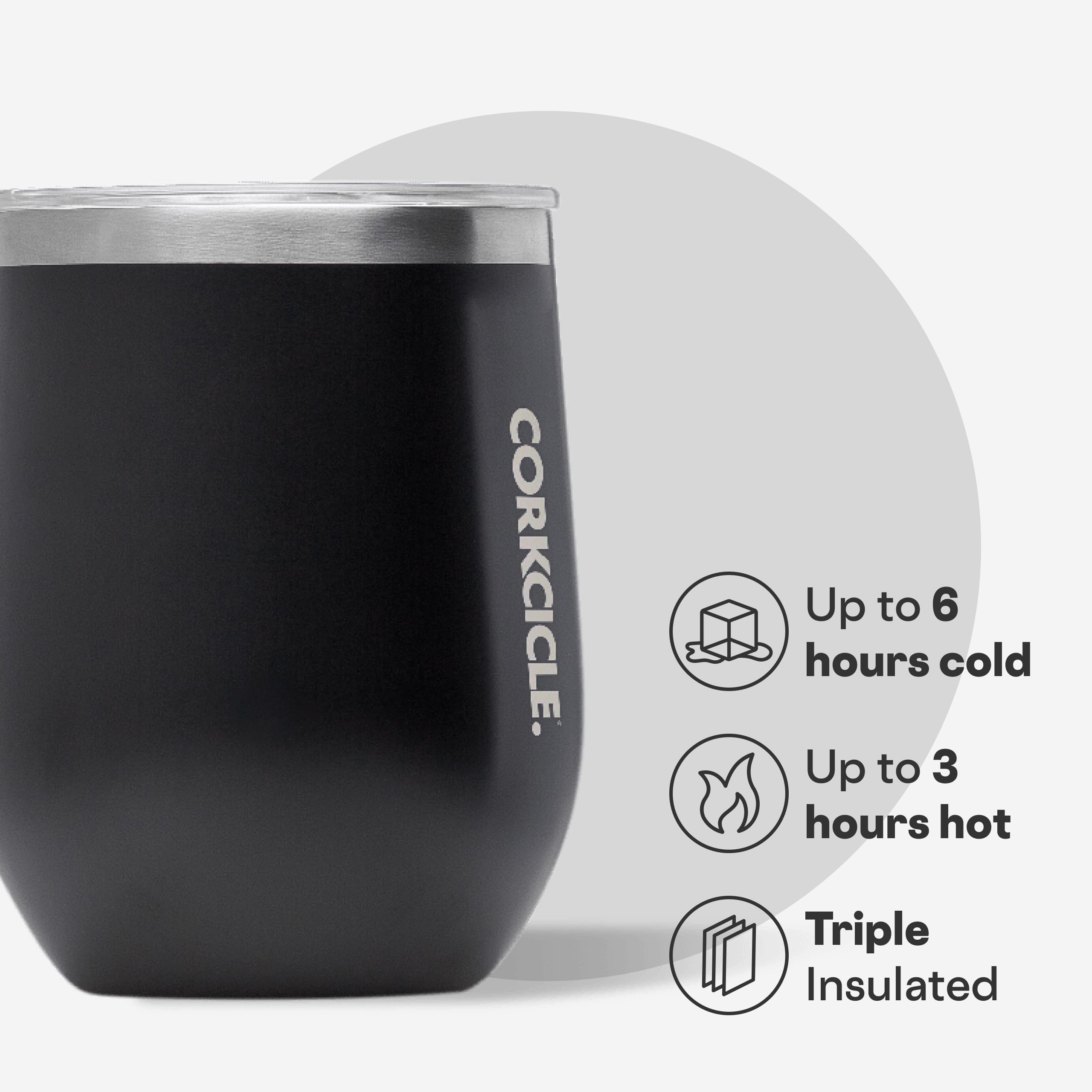 Corkcicle Stemless 12 oz matte black lid closed shows spill-conscious design