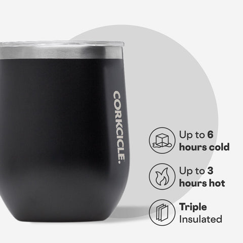 Corkcicle Stemless 12 oz matte black lid closed shows spill-conscious design