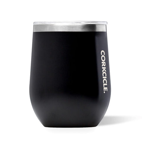 Corkcicle Stemless 12 oz matte black lid open for quick pouring and tasting