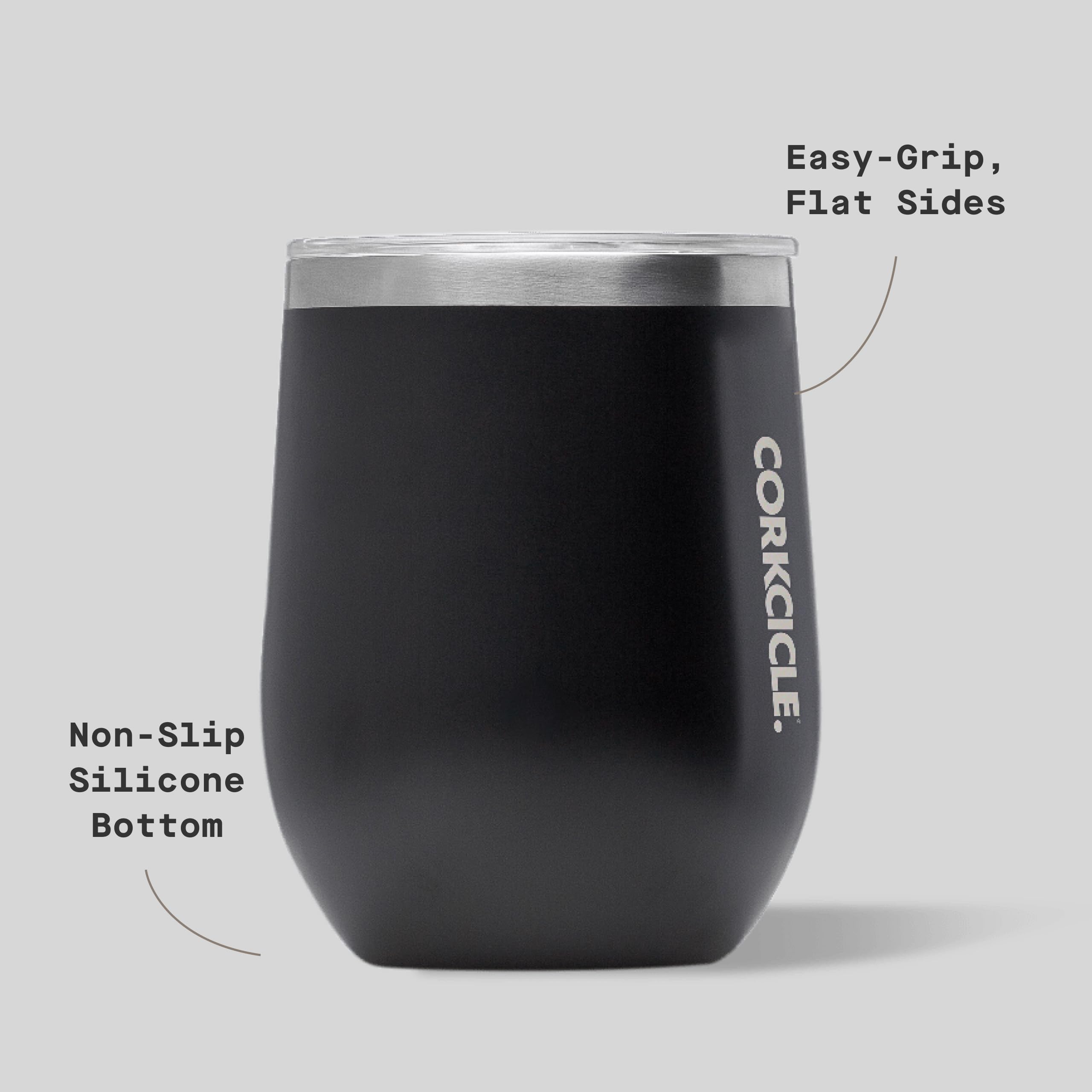 Corkcicle Stemless 12 oz outdoors with matte black finish highlights travel-friendly use