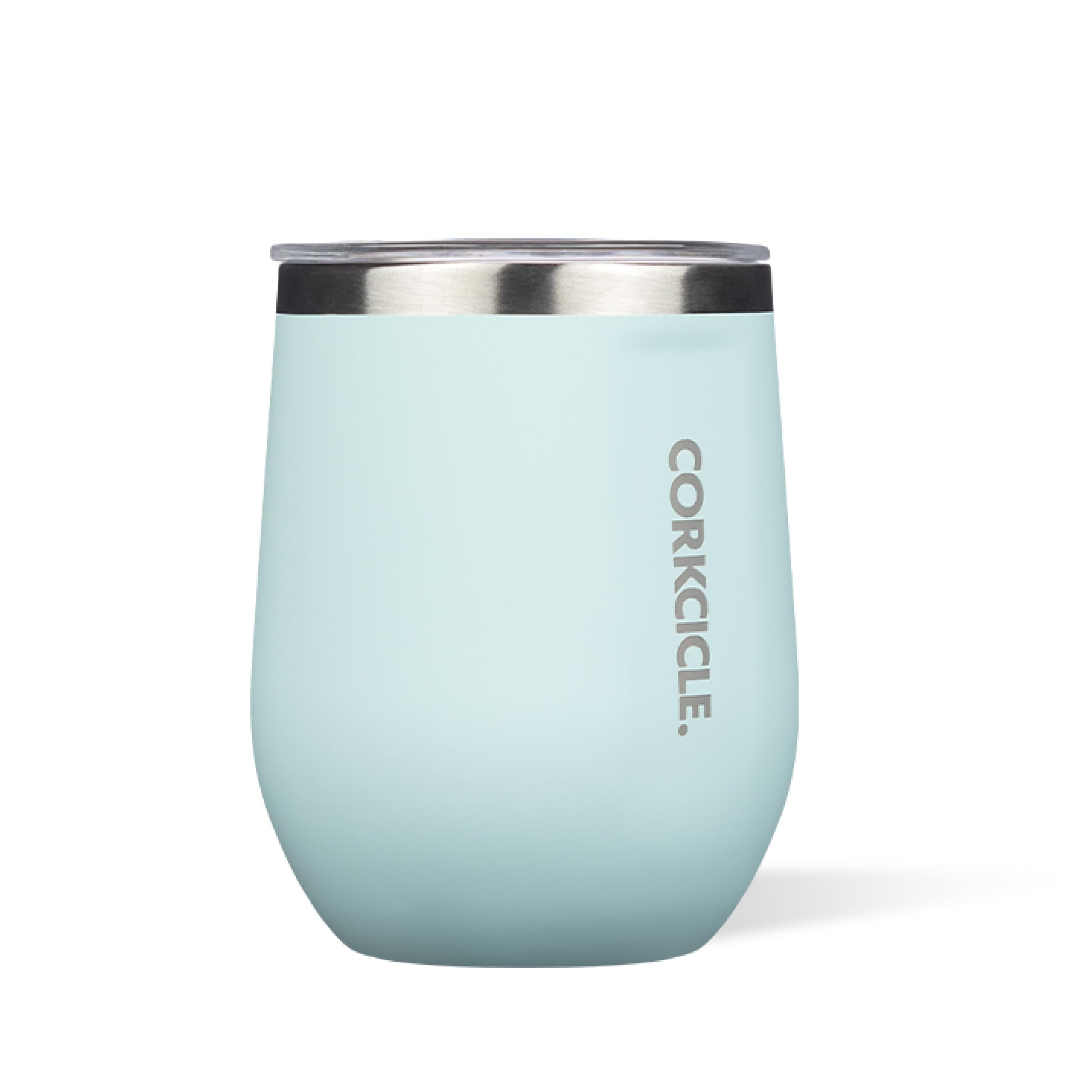 Corkcicle Stemless Tumbler front view shows powder blue gloss and portable cold retention