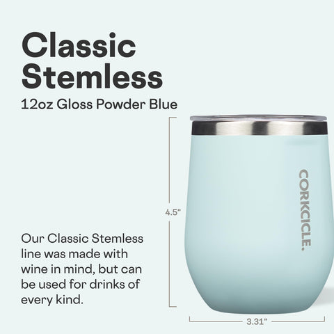 Corkcicle Stemless Tumbler side view highlights comfortable grip and spill-resistant design