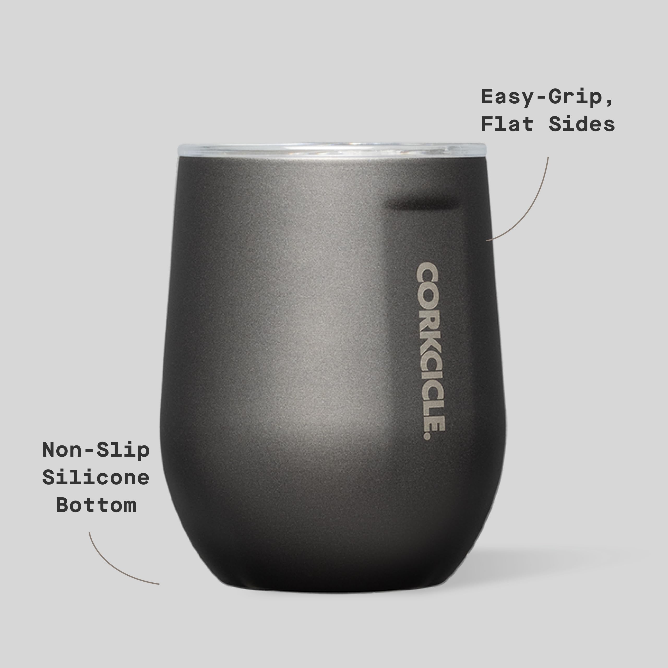 Corkcicle Stemless Wine Tumbler sliding lid prevents spills during travel.