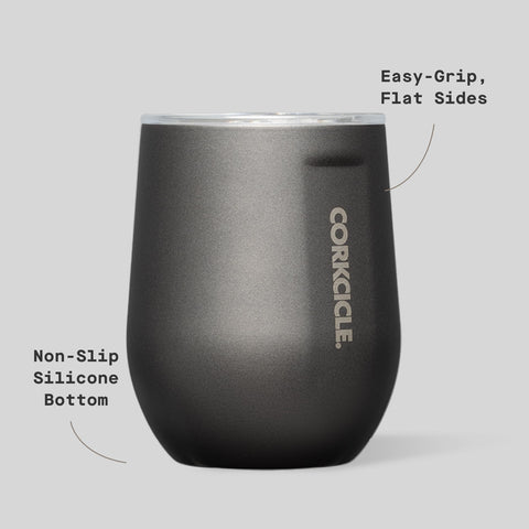 Corkcicle Stemless Wine Tumbler sliding lid prevents spills during travel.