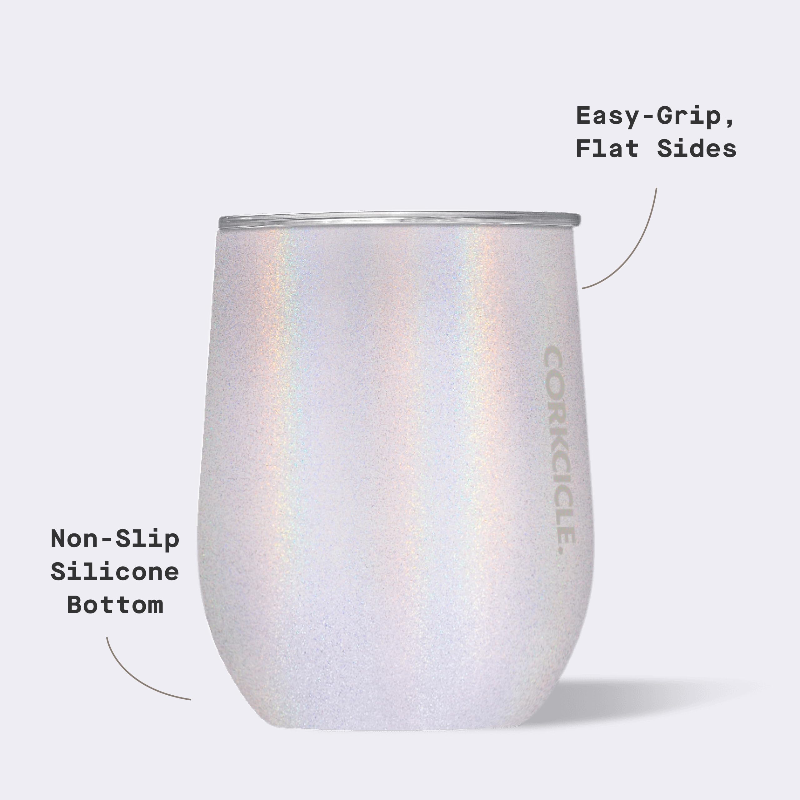 Corkcicle Unicorn Magic Stemless 12oz ice-scene emphasizes cold retention.