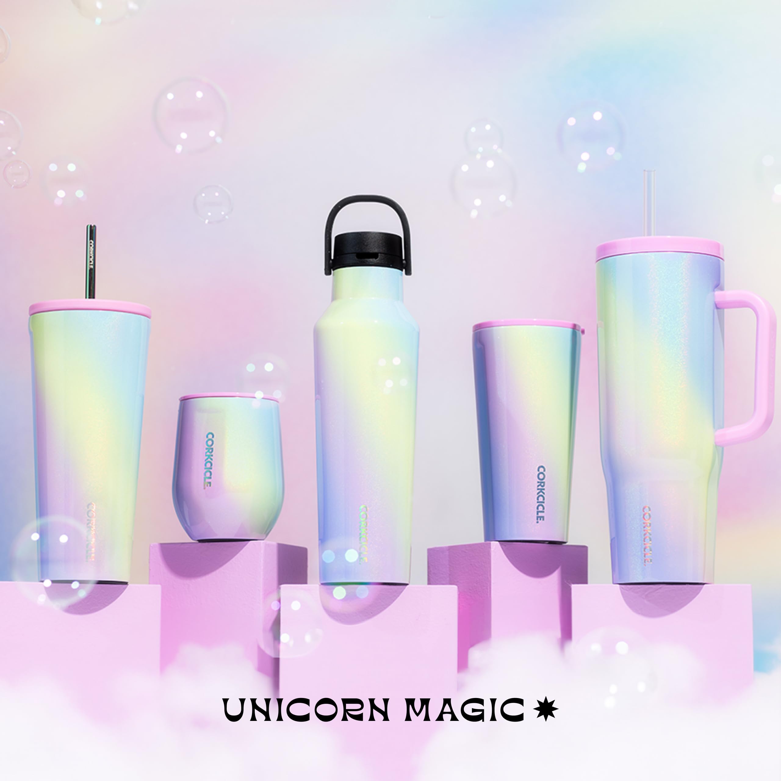 Corkcicle Unicorn Magic Stemless 12oz on-the-go use highlights portability.