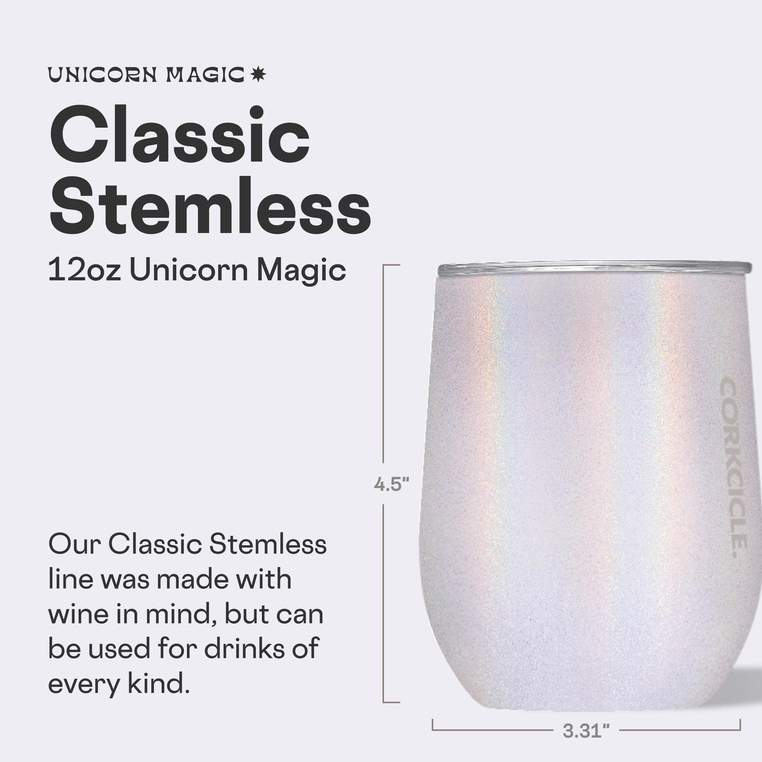 Corkcicle Unicorn Magic Stemless 12oz side grip showing comfortable, non-slip hold for travel.