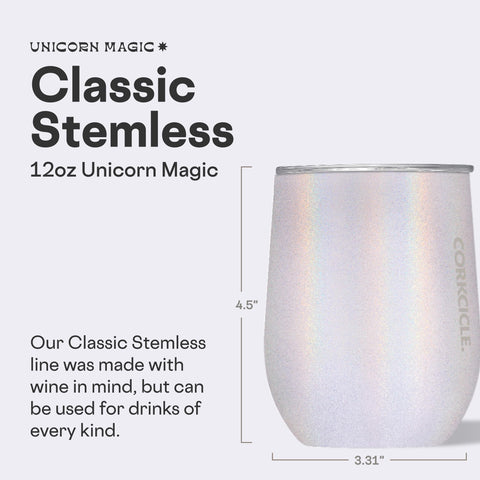 Corkcicle Unicorn Magic Stemless 12oz side grip showing comfortable, non-slip hold for travel.