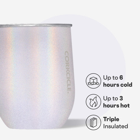 Corkcicle Unicorn Magic Stemless 12oz slide lid preventing spills during travel.
