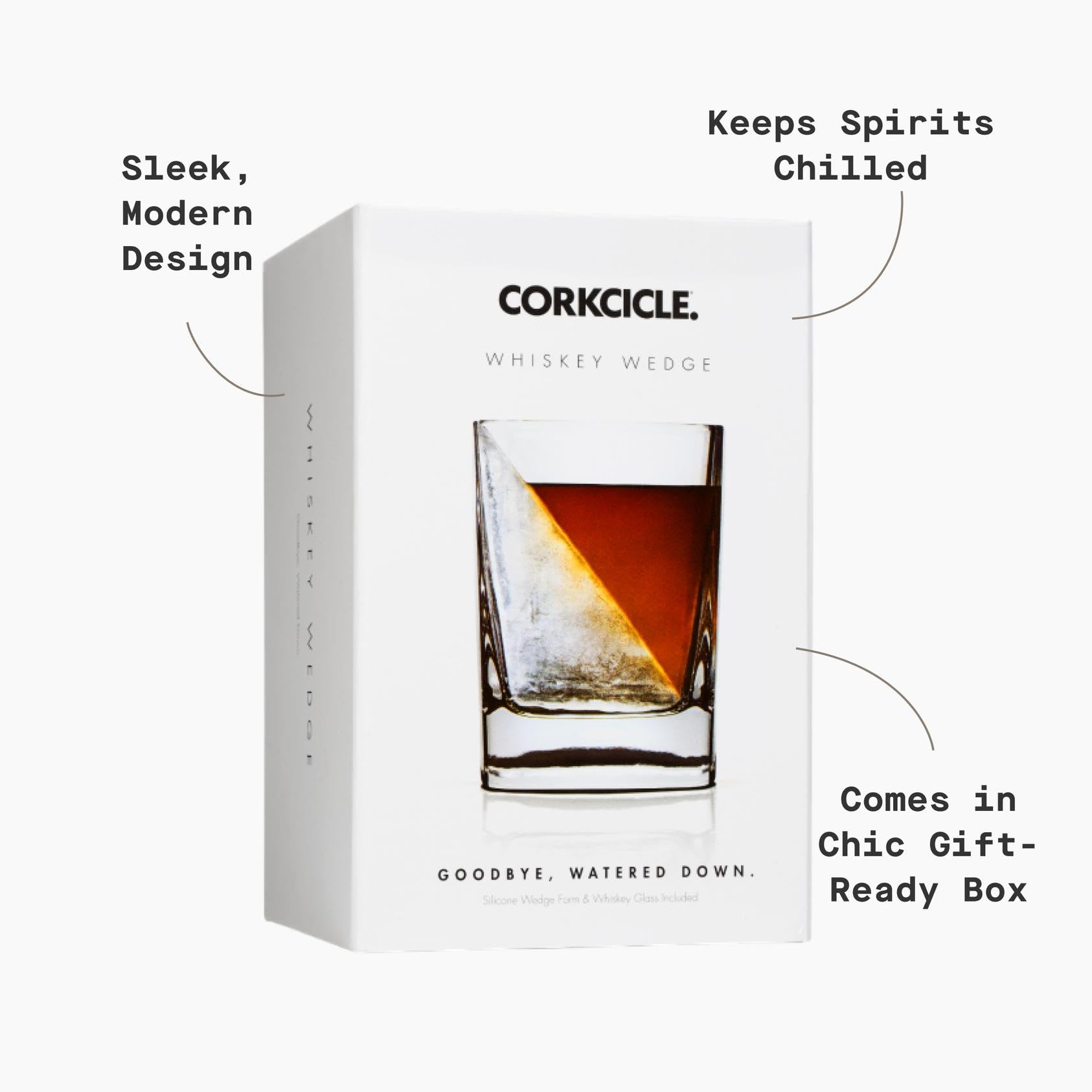 Tilted Corkcicle Whiskey Wedge glass highlights triangular ice for even chill