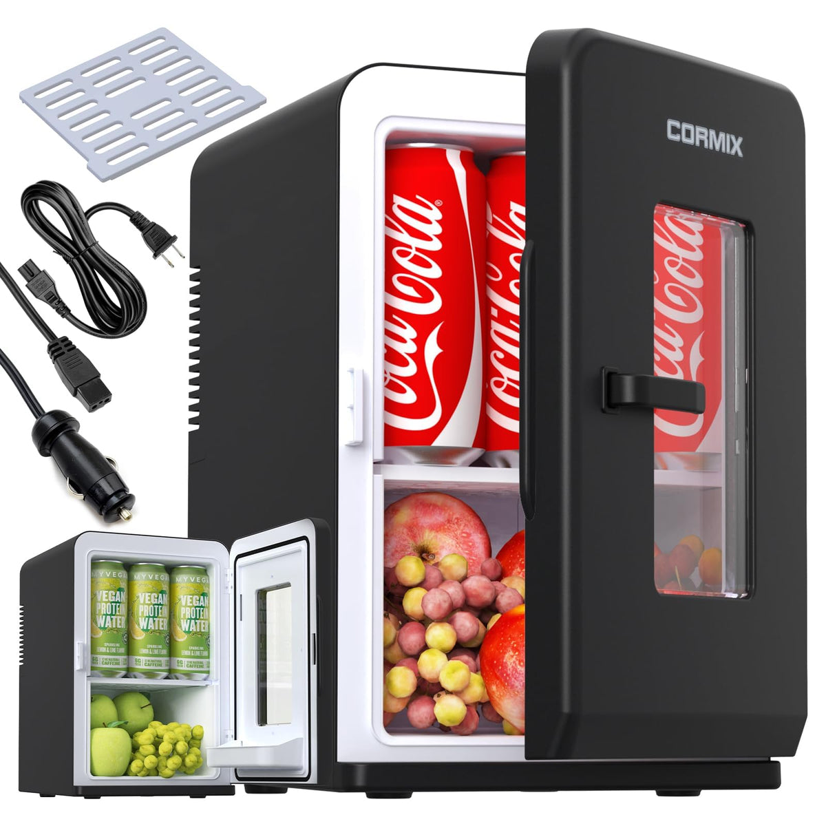 Cormix 15L mini fridge cooling beverages in a bedroom setting.