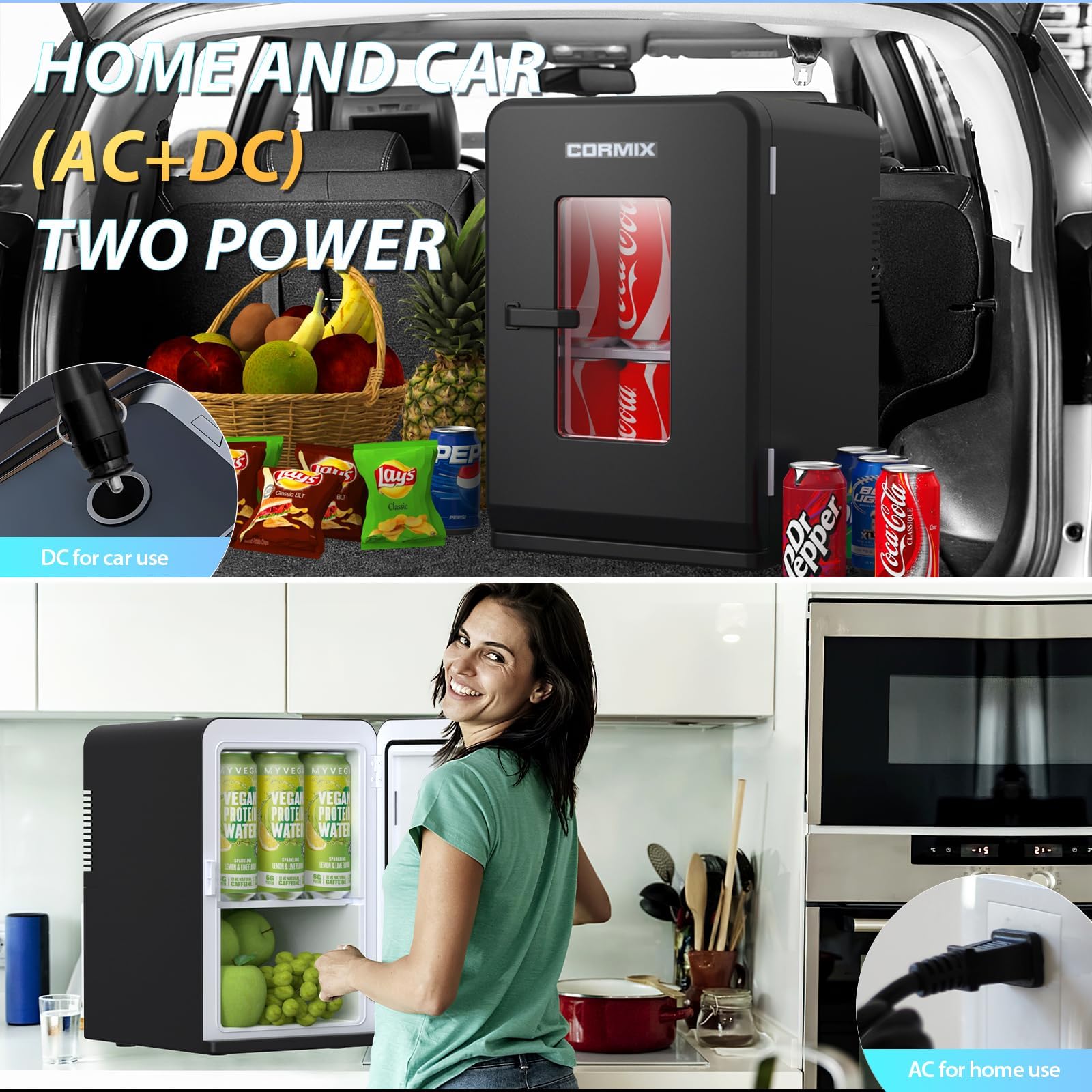 Cormix mini fridge with car plug for on-the-go cooling.