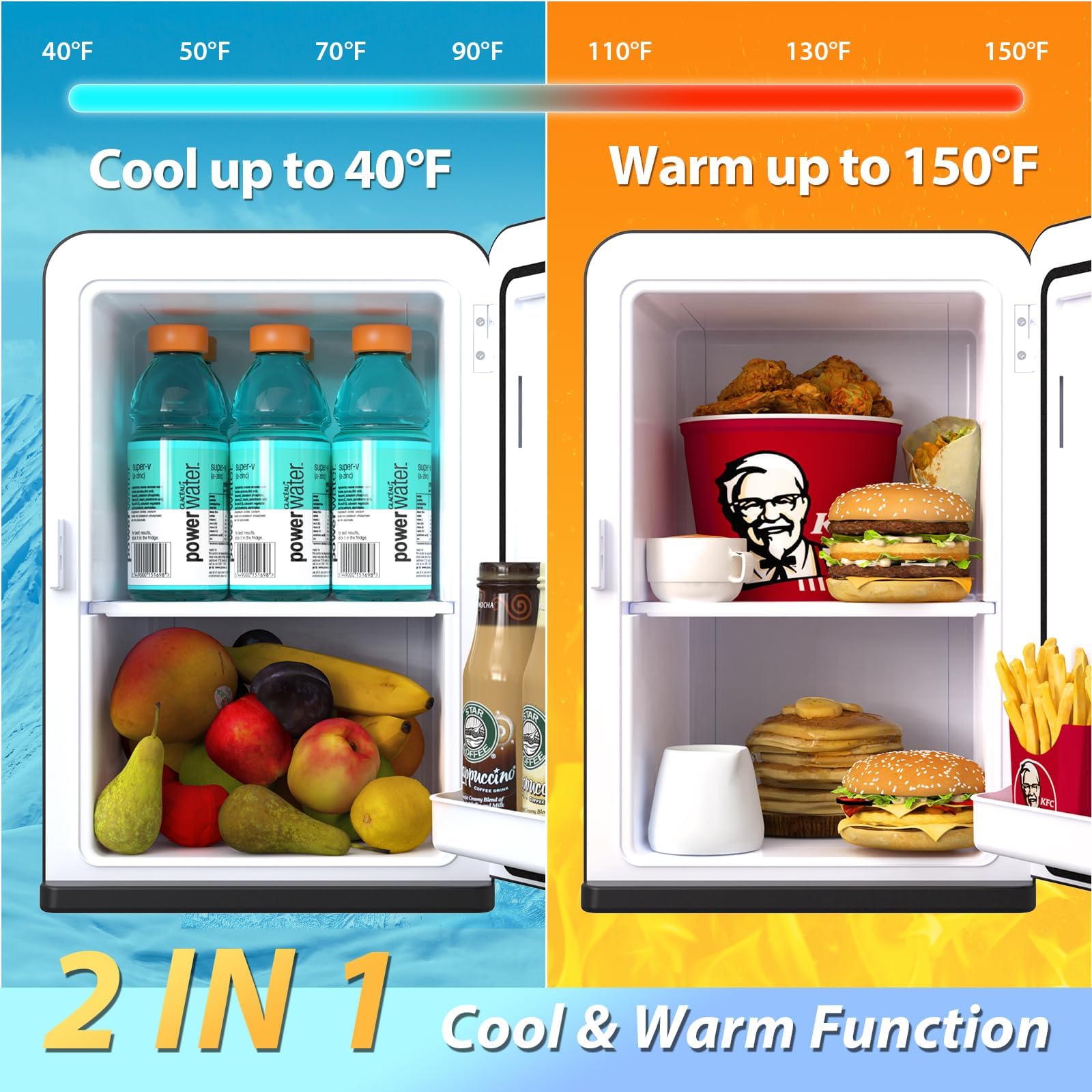 Dual power and cooling/heating modes on the Cormix fridge.