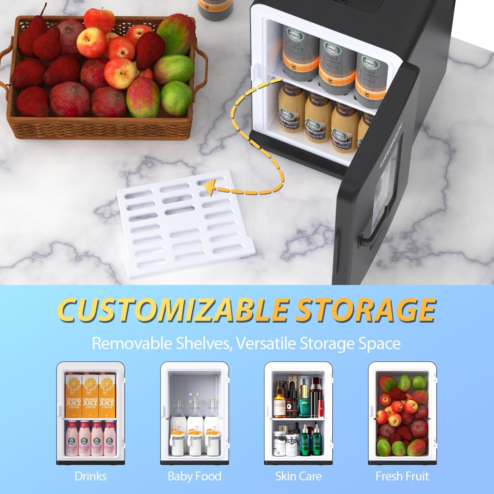 Removable shelves and baskets organize cosmetics and snacks.