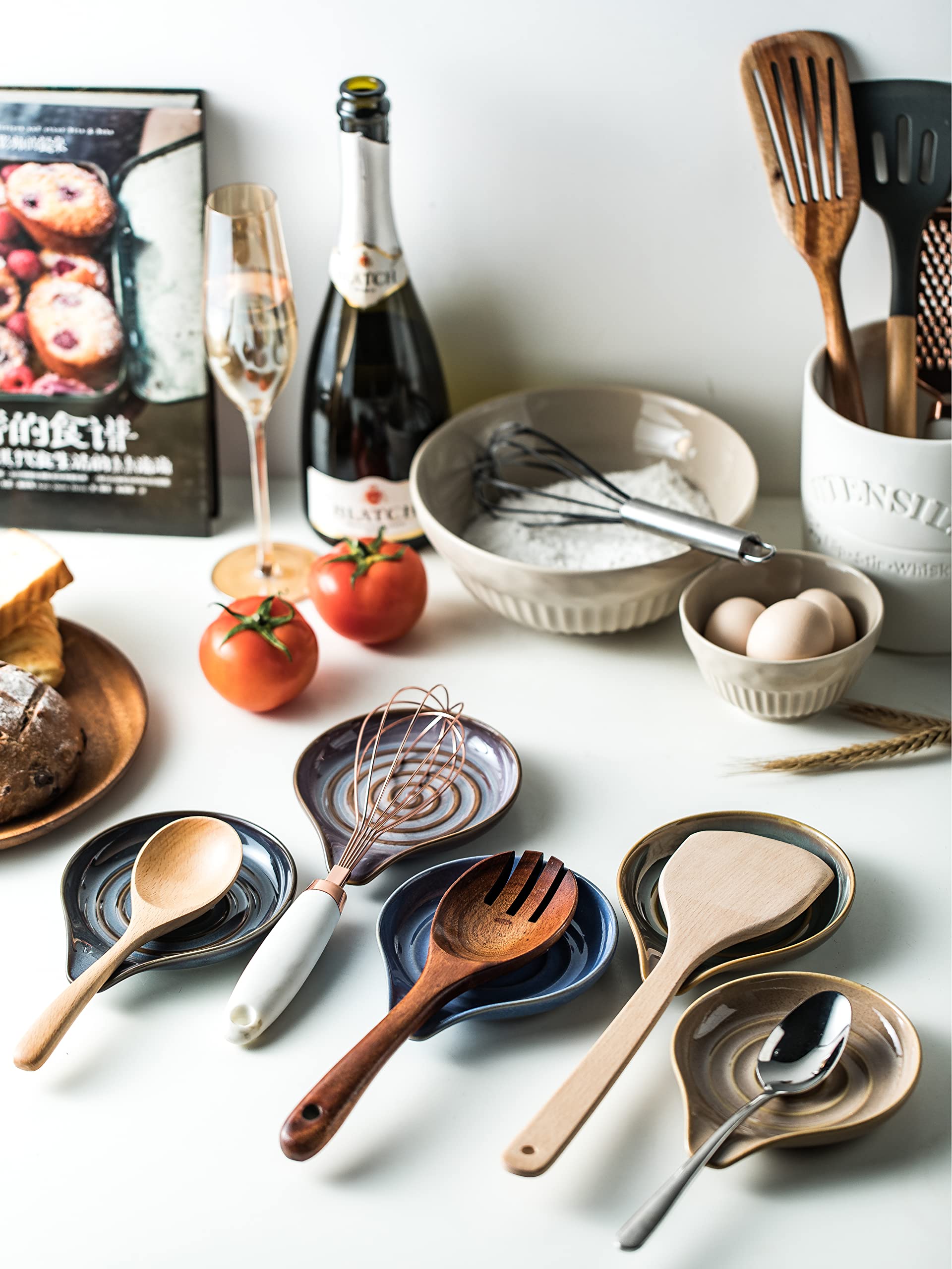 Cormomu spoon holder enhances counters with its decorative glaze and function.