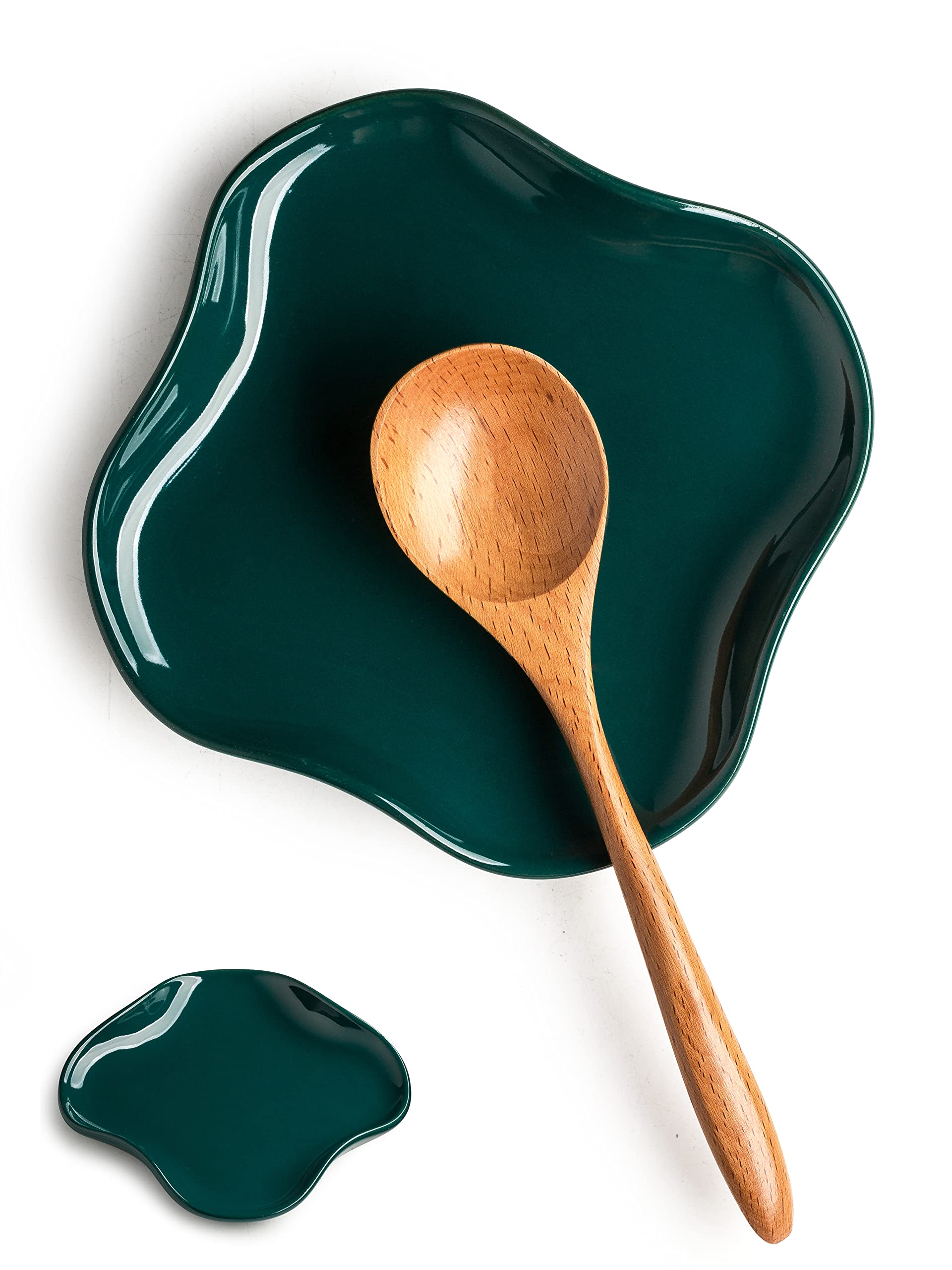 Cormomu spoon holder with ruffled edge in dark green on counter, decorative and functional