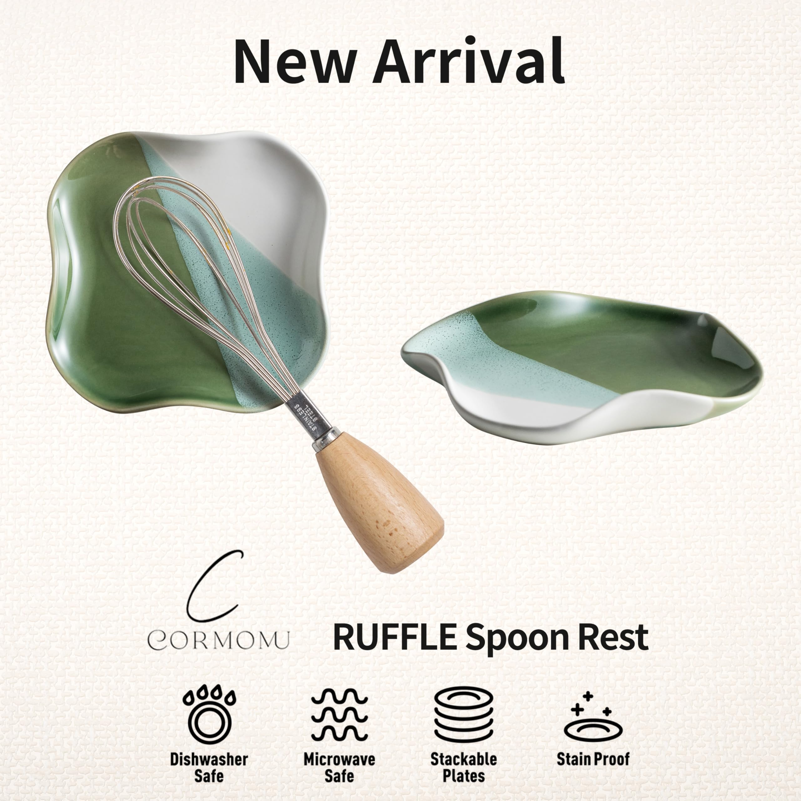 Cormomu spoon rest gradient green complements modern kitchens.