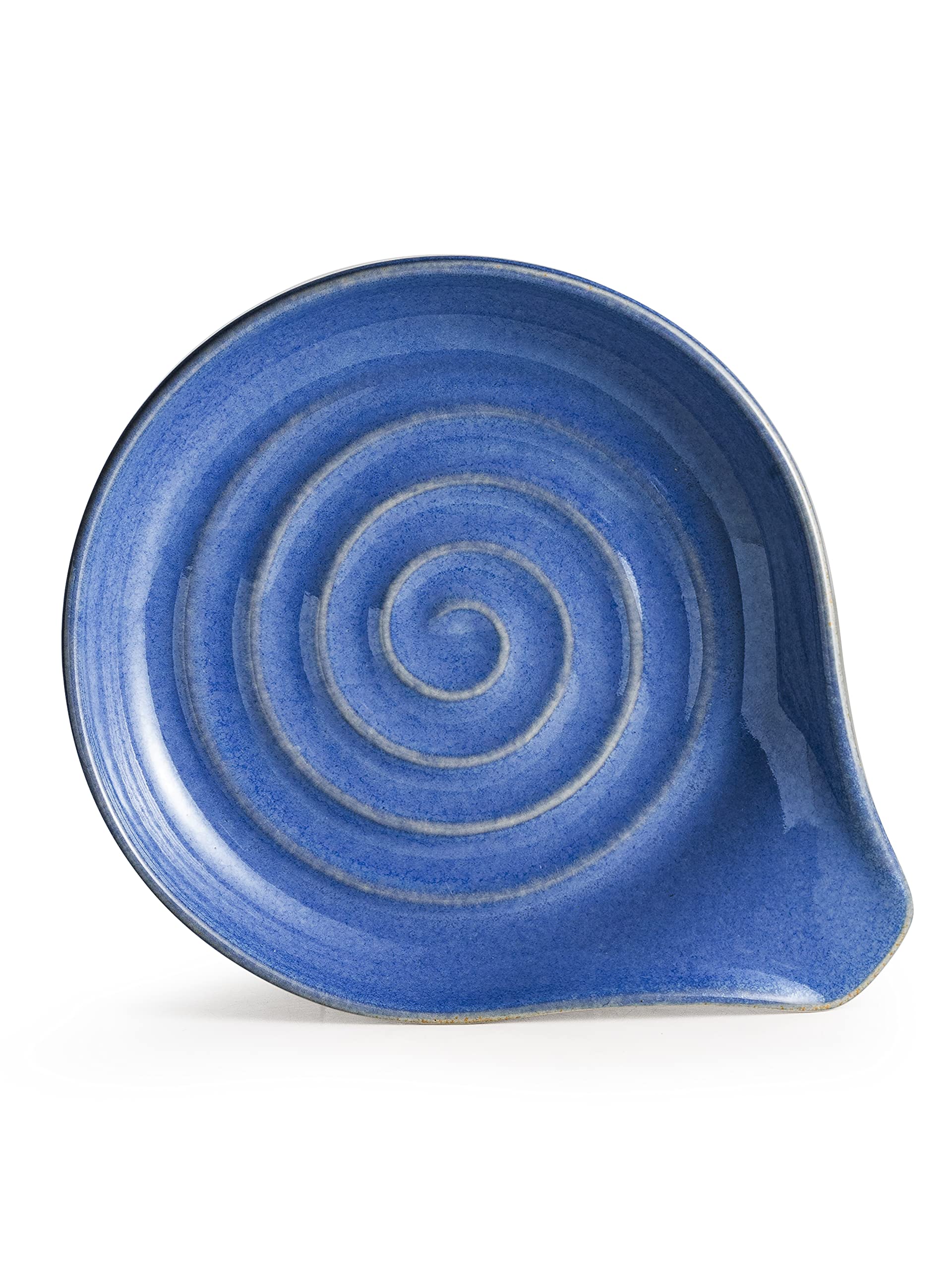 Cormomu spoon rest with reactive glaze and swirl center, decorative focal point